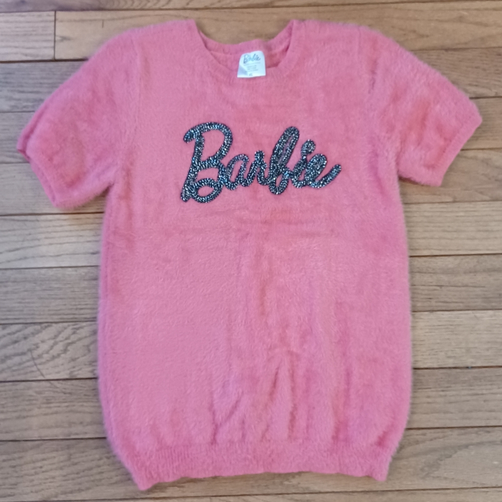 Barbie Pink Fuzzy Sweater with Black Logo